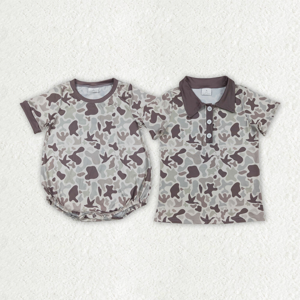 Sibling Baby Boys Khaki Ducks Camo Button Rompers Shirts