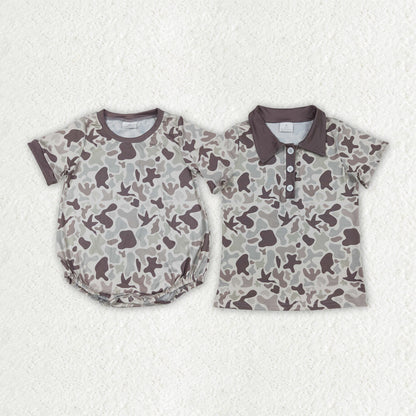 Sibling Baby Boys Khaki Ducks Camo Button Rompers Shirts