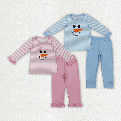 Sibling Embroidery Baby Girls Boys Christmas Snowman Top Pants Pajamas