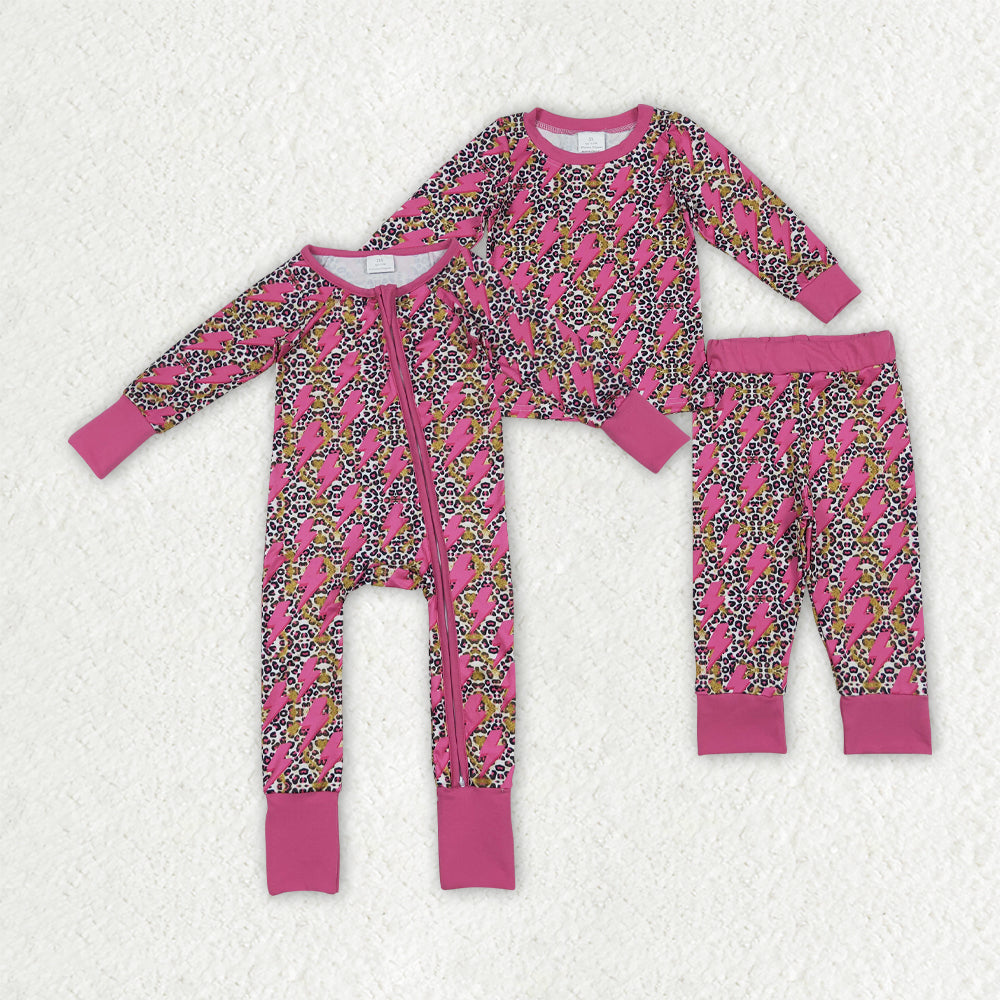 Sibling Baby Girls Western Pink Lightning Leopard Rompers Pajamas