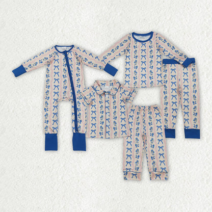 Sibling Baby Girls Blue Bows Flower Stripe Rompers Pajamas Sets