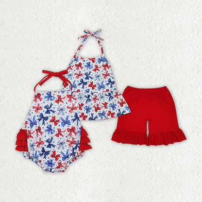 Sibling Baby Girls 4th of July Bows Halter Rompers Dresses