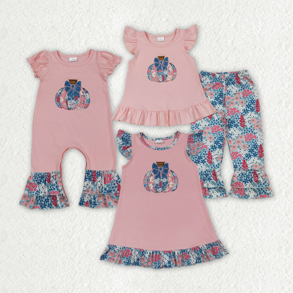 Sibling Embroidery Baby Girls Pink Floral Pumpkin Rompers Dresses Outfits