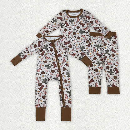 Sibling Baby Boys Western Bull Skull Cactus Rompers Pajamas Clothes Sets