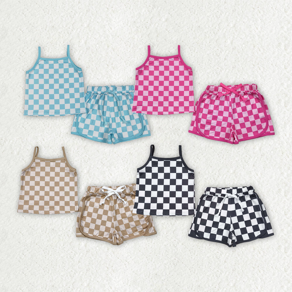 Sibling 4 Colors Baby Girls Strap Plaid Top Short Sports Sets