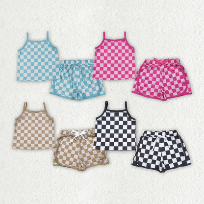 Sibling 4 Colors Baby Girls Strap Plaid Top Short Sports Sets