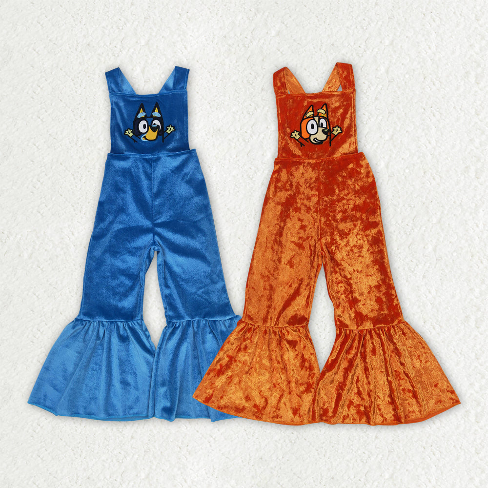 Sibling Sister Baby Girls Straps Dog Embroidery Velvet Jumpsuits