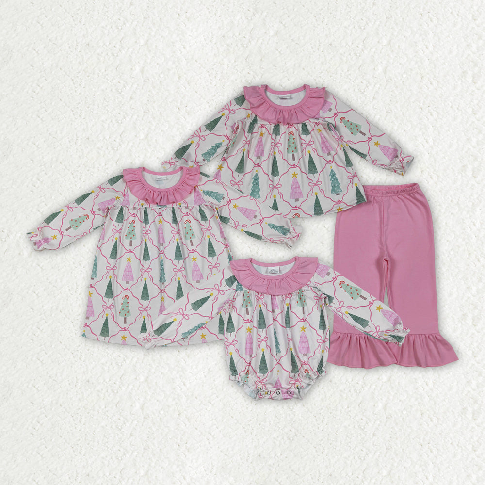 Sibling Baby Girls Christmas Trees Bows Rompers Dresses Outfits