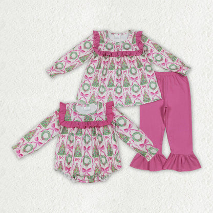 Sibling Baby Girls Christmas Trees Bows Rompers Outfits Sets