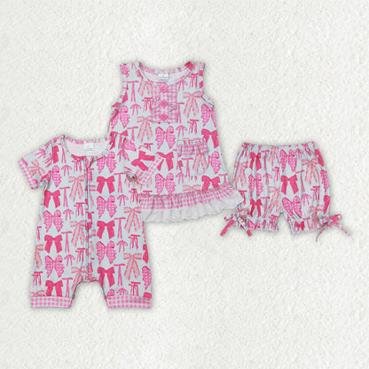 Sibling Baby Girls Pink Bows Rompers Outfits Sets