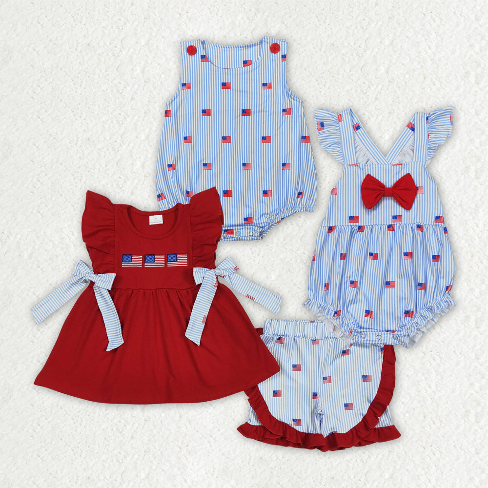 Sibling Embroidery Baby Girls Red Flags 4th of July Bows Rompers Outfits Sets