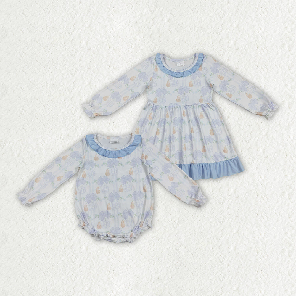Sibling Baby Girls Blue Pumpkins Flowers Fall Rompers Dresses