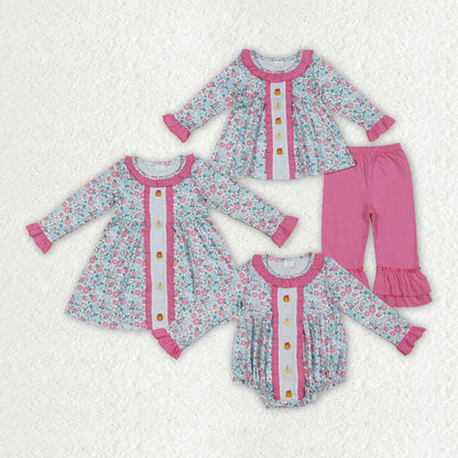 Sibling Embroidery Baby Girls Floral Turkey Pumpkins Rompers Dresses Sets