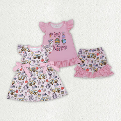 Sibling Baby Girls Pencil Pink Bow Back To School Dresses Outfits