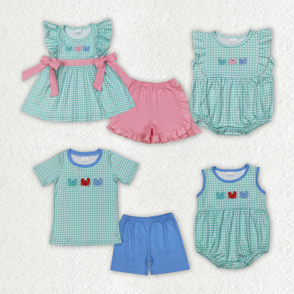 Sibling Embroidery Baby Girls Crabs Bows Rompers Outfits Sets