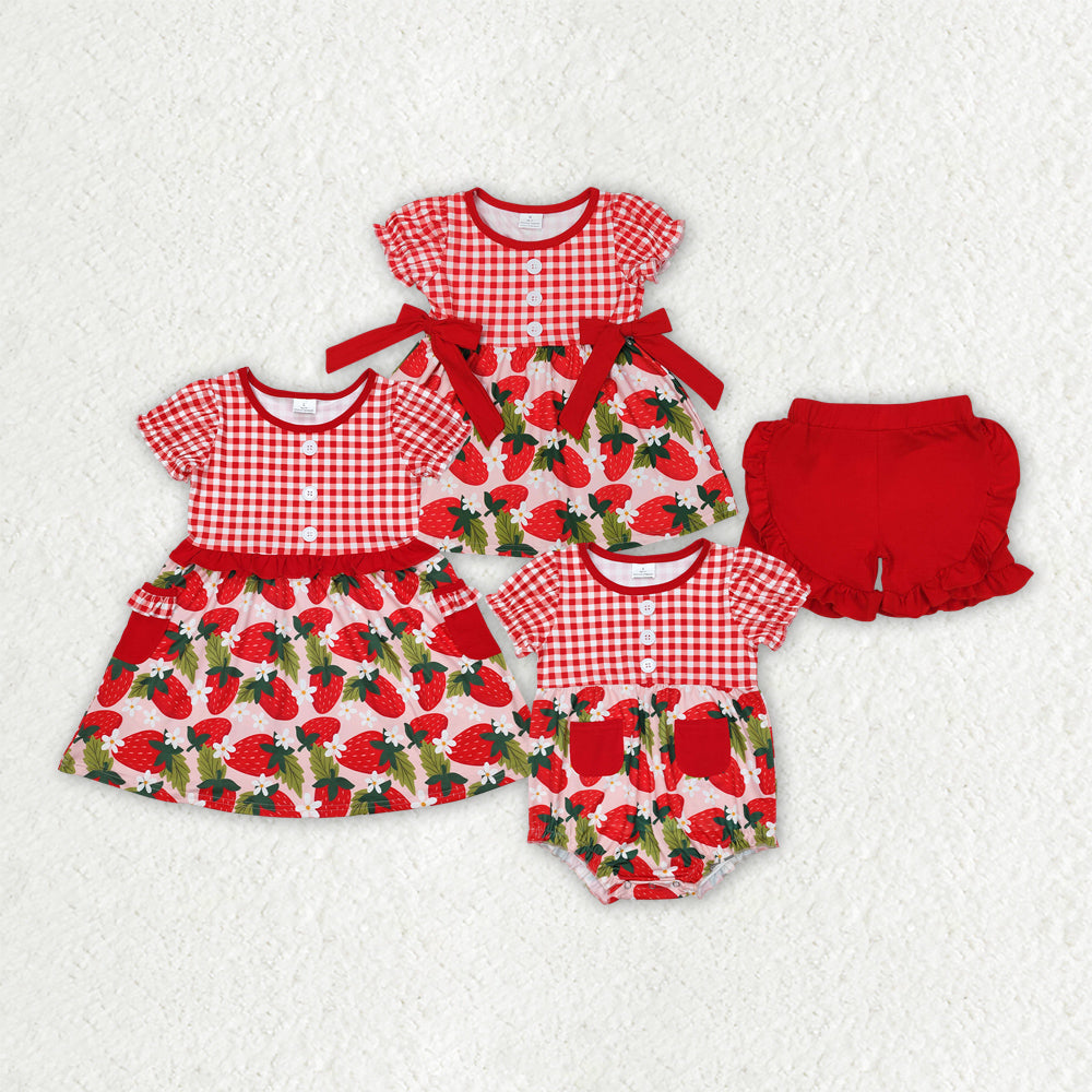 Sibling Baby Girls Red Checkered Strawberry Rompers Dresses Outfits