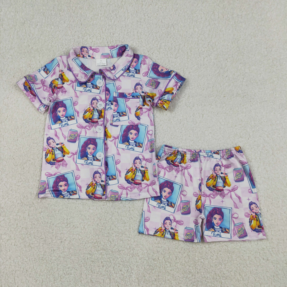 Sibling Baby Girls Demon Hunter Bows Button Shorts Pajamas Set Ruffle Knee Length Dresses